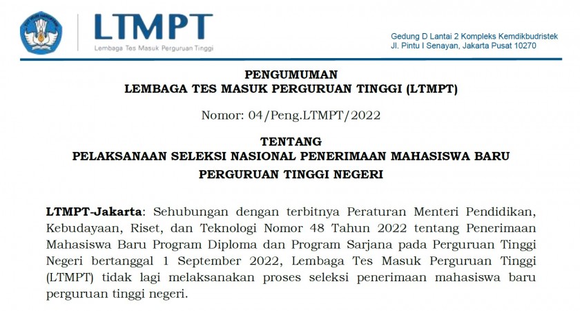 Pengumuman Pelaksanaan Seleksi Nasional Penerimaan Mahasiswa Baru Perguruan Tinggi Negeri 2023
