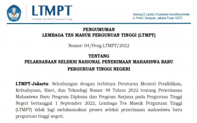 Pengumuman Pelaksanaan Seleksi Nasional Penerimaan Mahasiswa Baru Perguruan Tinggi Negeri 2023